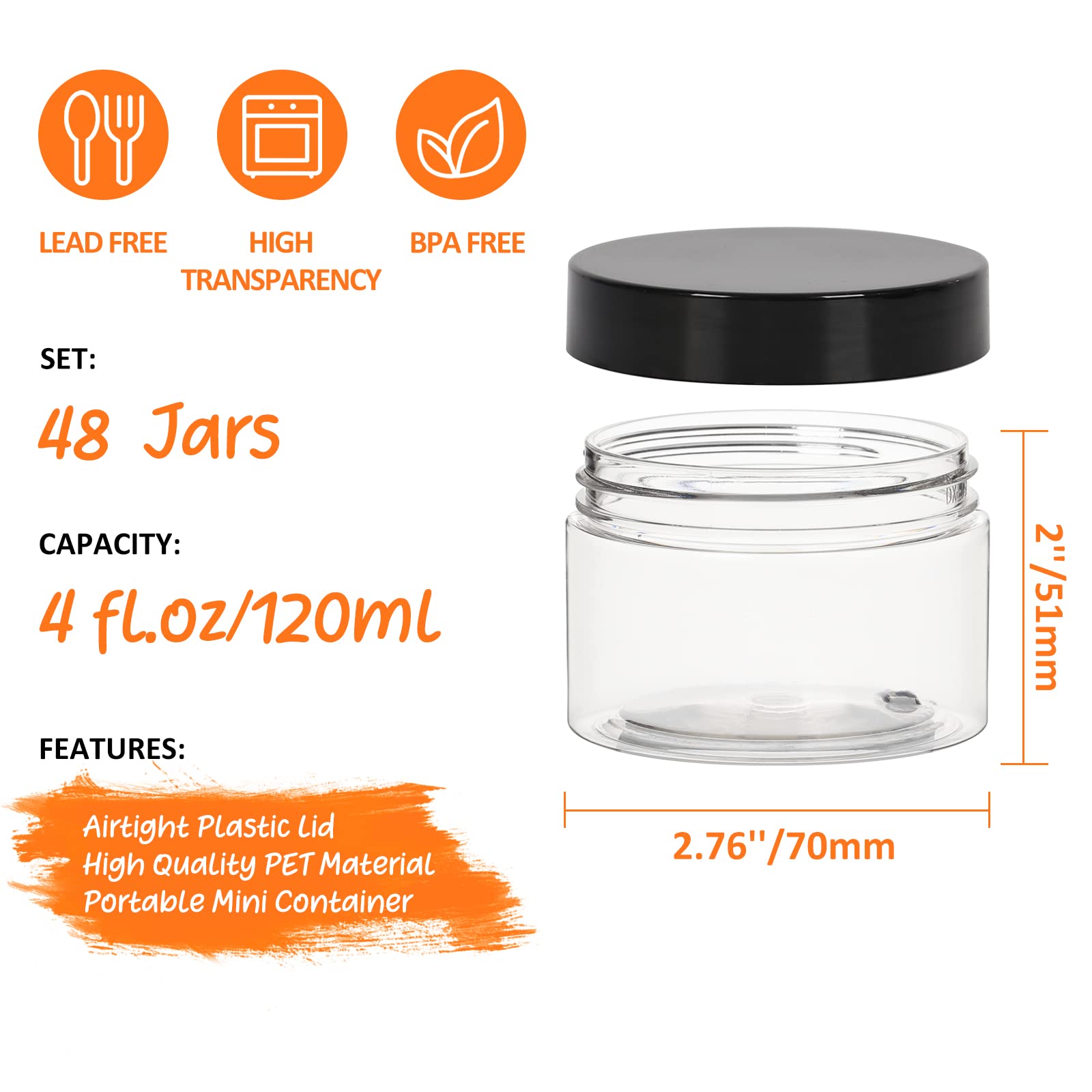 Jaisie.W 4Oz Plastic Containers With Lids 48Pack, Clear 4 Oz Plastic Jars With Lids&Labels- Refillable Cosmetic Small Containers